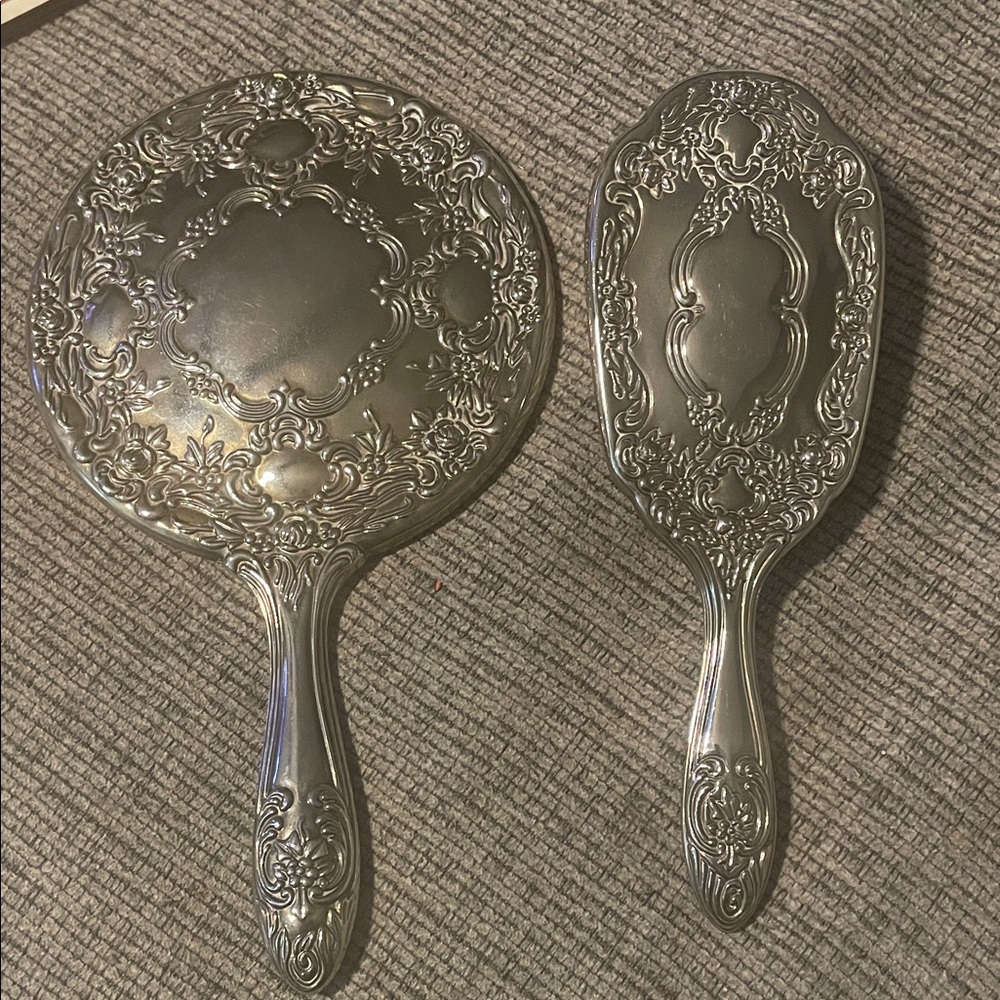 Silver Vintage Hand Mirror and Hair Brush Set - Decorative Vanity Accessories